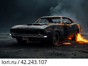 Close-up completely burnt out and carbonized car. Vehicle blown up by military shell burned abandoned automobile during war operations. Copy space. Стоковое AI-изображение, AI-художник Aleksandr Golubev / Фотобанк Лори