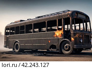 Completely burnt out and carbonized bus. Vehicle blown up by military shell burned abandoned automobile during war operations. Copy ad text space. Стоковое AI-изображение, AI-художник Aleksandr Golubev / Фотобанк Лори