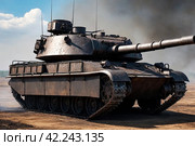 Completely burnt out and carbonized tank. Vehicle blown up by military shell burned abandoned machine during war operations. Copy ad text space. Стоковое AI-изображение, AI-художник Aleksandr Golubev / Фотобанк Лори