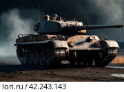 Completely burnt out and carbonized tank. Vehicle blown up by military shell burned abandoned machine during war operations. Copy ad text space. Стоковое AI-изображение, AI-художник Aleksandr Golubev / Фотобанк Лори