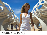Fashion catwalk on the seashore with a model in white showing off an outfit,Generative AI. Стоковое AI-изображение, AI-художник Анна Кривицкая / Фотобанк Лори