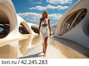 Fashion catwalk on the seashore with a model in white showing off an outfit,Generative AI. Стоковое AI-изображение, AI-художник Анна Кривицкая / Фотобанк Лори