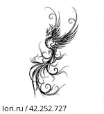 Phoenix illustration, drawing, engraving, ink, line art, vector. Sketch of a tattoo in the form of a Firebird. T-shirt apparel print design. Стоковое AI-изображение, AI-художник Ирина Ручушкина / Фотобанк Лори