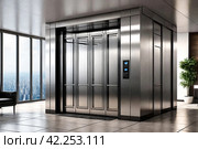 Modern steel elevator cabin in house or multi-apartment skyscraper. Background of interior floor of elevator platform with elevators and sunlight in business center. Copy space for site. Стоковое AI-изображение, AI-художник Aleksandr Golubev / Фотобанк Лори