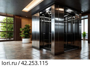Modern steel elevator cabin in house or multi-apartment skyscraper. Background of interior floor of elevator platform with elevators and sunlight in business center. Copy space for site. Стоковое AI-изображение, AI-художник Aleksandr Golubev / Фотобанк Лори