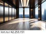 Background of interior floor of elevator platform with elevators and sunlight in business center. Modern steel elevator cabin in house or multi-apartment skyscraper. Copy space for site. Стоковое AI-изображение, AI-художник Aleksandr Golubev / Фотобанк Лори