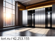 Background of interior floor of elevator platform with elevators and sunlight in business center. Modern steel elevator cabin in house or multi-apartment skyscraper. Copy space for site. Стоковое AI-изображение, AI-художник Aleksandr Golubev / Фотобанк Лори