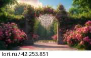 A grand rose-hued gate welcomes visitors into the magical world. Стоковое AI-изображение, AI-художник Юлия Гапеенко / Фотобанк Лори
