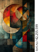 Abstract shapes and lines coalesce into a visually intriguing geometric tapestry. Стоковое AI-изображение, AI-художник Юлия Гапеенко / Фотобанк Лори