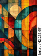 Abstract shapes and lines coalesce into a visually intriguing geometric tapestry. Стоковое AI-изображение, AI-художник Юлия Гапеенко / Фотобанк Лори