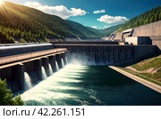 View of modern giant dam, hydroelectric power station. Hydro electrification concept. Copy ad text space. Стоковое AI-изображение, AI-художник Aleksandr Golubev / Фотобанк Лори