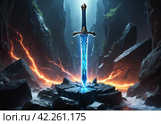 Medieval sword Excalibur stuck in stone. Generative AI. Стоковое AI-изображение, AI-художник Ильин Сергей / Фотобанк Лори