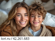 a woman and a boy are smiling for the camera. Стоковое AI-изображение, AI-художник Юрий Поздников / Фотобанк Лори