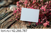 A blank card placed amidst chamelaucium flowers on a wooden background. Стоковое AI-изображение, AI-художник Юлия Гапеенко / Фотобанк Лори