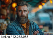 Bearded man immersed in depression. Стоковое AI-изображение, AI-художник Юрий Поздников / Фотобанк Лори