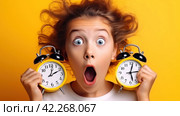 A girl with alarm clocks in her hands is afraid of being late. Стоковое AI-изображение, AI-художник Юрий Поздников / Фотобанк Лори