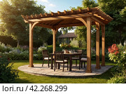 Gazebo, pergola and table in garden at country cottage - relax and unwind. White swing with canopy at green trees on closed lawn of house. Concept of privacy and country recreation. Copy space site. Стоковое AI-изображение, AI-художник Aleksandr Golubev / Фотобанк Лори