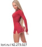 Beautiful dancer in shot red dress isolated view. Стоковое фото, фотограф Гурьянов Андрей / Фотобанк Лори