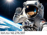 Astronaut on a spacewalk against earth backdrop. Space explorer in a white suit hovers above earth, capturing the vastness of space. Стоковое AI-изображение, AI-художник Aleksandr Golubev / Фотобанк Лори