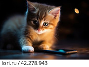 Cute kitten with mobile phone. Стоковое AI-изображение, AI-художник Татьяна  Бральнина / Фотобанк Лори