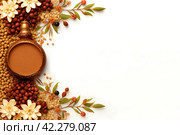 Happy ugadi greeting card with creative kalash and puja thali. Стоковое AI-изображение, AI-художник Ирина Старикова / Фотобанк Лори