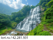An idyllic retreat with a magnificent waterfall in a green edge. Стоковое AI-изображение, AI-художник Юрий Поздников / Фотобанк Лори
