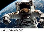 Astronaut on a spacewalk against earth backdrop. Space explorer in a white suit hovers above earth, capturing the vastness of space. Стоковое AI-изображение, AI-художник Aleksandr Golubev / Фотобанк Лори