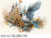Fairytale bird on the background of the castle, book illustration style of children's fairy tales watercolor,Generative AI. Стоковое AI-изображение, AI-художник Анна Кривицкая / Фотобанк Лори