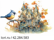 Fairytale bird on the background of the castle, book illustration style of children's fairy tales watercolor,Generative AI. Стоковое AI-изображение, AI-художник Анна Кривицкая / Фотобанк Лори
