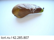 The pear became moldy. A mold or mould. The dust-like, colored appearance of molds is due to the formation of spores containing fungal secondary metabolites. Perishable food products. White background. Стоковое фото, фотограф Юлия Петровская / Фотобанк Лори