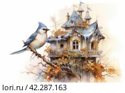 Fairytale bird on the background of the castle, book illustration style of children's fairy tales watercolor,Generative AI. Стоковое AI-изображение, AI-художник Анна Кривицкая / Фотобанк Лори