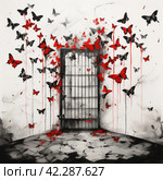 Door with bars and red butterflies,Generative AI. Стоковое AI-изображение, AI-художник Анна Кривицкая / Фотобанк Лори
