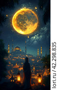 Silhouette of people celebrating, postcard islamic holiday banner suitable for Ramadan, Raya Hari, Eid al-Adha and Mawlid against the background of the crescent moon of the holy nose and mosque. Стоковое AI-изображение, AI-художник Мария Фадеева / Фотобанк Лори