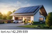 A house with solar panels on the roof, representing a transition to renewable energy sources in residential areas. Стоковое AI-изображение, AI-художник Ярославский Максим / Фотобанк Лори