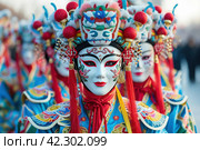 Mystical Masks and Costumes: Participants of the Holiday in Ancient Rites, Overgrown with Secrets and Culture. Стоковое AI-изображение, AI-художник Юрий Поздников / Фотобанк Лори