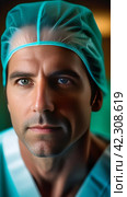 Мужчина хирург в операционной.А male surgeon in operating room.American clinic. Стоковое AI-изображение, AI-художник Галина Беляева / Фотобанк Лори