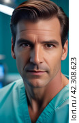 Мужчина хирург в операционной.А male surgeon in operating room.American clinic. Стоковое AI-изображение, AI-художник Галина Беляева / Фотобанк Лори