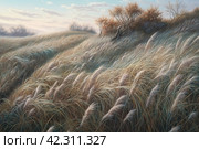 Beautiful landscape with hills and feather grass, watercolor style, Generative AI. Стоковое AI-изображение, AI-художник Анна Кривицкая / Фотобанк Лори