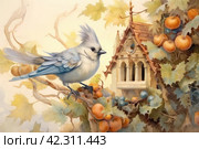 Fairytale bird on the background of the castle, book illustration style of children's fairy tales watercolor,Generative AI. Стоковое AI-изображение, AI-художник Анна Кривицкая / Фотобанк Лори