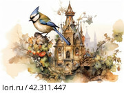 Fairytale bird on the background of the castle, book illustration style of children's fairy tales watercolor,Generative AI. Стоковое AI-изображение, AI-художник Анна Кривицкая / Фотобанк Лори