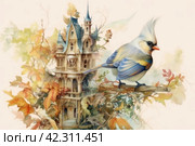 Fairytale bird on the background of the castle, book illustration style of children's fairy tales watercolor,Generative AI. Стоковое AI-изображение, AI-художник Анна Кривицкая / Фотобанк Лори