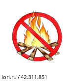 Watercolor illustration of a campfire in a prohibitive red circle. High fire danger mode. Lighting a fire is prohibited. Isolated on a white background. Composition for design, banner, web, poster. Стоковая иллюстрация, иллюстратор Андрей Золотарев / Фотобанк Лори