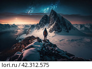 Epic winter arctic landscape. A man stands on a rock and looks into the distance at the mountains. Polar night, stars and aurora in the sky. Traveler on a hike in northern nature. Generative AI. Стоковое AI-изображение, AI-художник Андрей Степанов / Фотобанк Лори