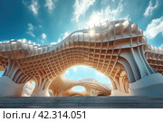 Contemporary modern symmetrical structure of metropole parasol roof in square with historical buildings under sunny sky on summer day. Стоковое AI-изображение, AI-художник Ирина Михайличенко / Фотобанк Лори