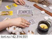 TVER, RUSSIA - FEBRUARY 18, 2024. Tarot cards, Tarot card divination, fortune telling. Occultism, esoteric education. Редакционное фото, фотограф Анна Маркина / Фотобанк Лори