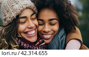 Two women in sweaters hug each other, care,Generative AI. Стоковое AI-изображение, AI-художник Анна Кривицкая / Фотобанк Лори