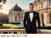Portrait of handsome young man in tuxedo and bow tie posing outside, serious looking at camera. Confident stylish guy businessman in tux, fashionable festive image James Bond style. Copy ad text space. Стоковое AI-изображение, AI-художник Aleksandr Golubev / Фотобанк Лори