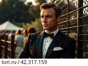 Serious handsome stylish guy in tuxedo and bow tie posing at retro fence, confident looking away. Portrait of man businessman in tux outside, fashionable lux image James Bond style. Copy ad text space. Стоковое AI-изображение, AI-художник Aleksandr Golubev / Фотобанк Лори