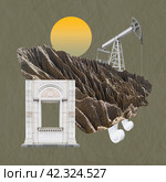 Surreal collage. Classic architecture and industrial oil pump. Art concept poster, print, zine cover. Стоковая иллюстрация, иллюстратор bashta / Фотобанк Лори