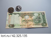 The Arab Emirates Dirham Arabic. ISO code AED is the official currency of the United Arab Emirates. Dirham is subdivided into 100 fils. Dirham was officially pegged to the IMF special drawing rights (2023 год). Стоковое фото, фотограф Юлия Петровская / Фотобанк Лори